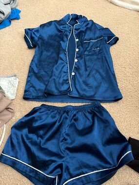 Kids Satin Short Pajama Set - Navy with White Piping